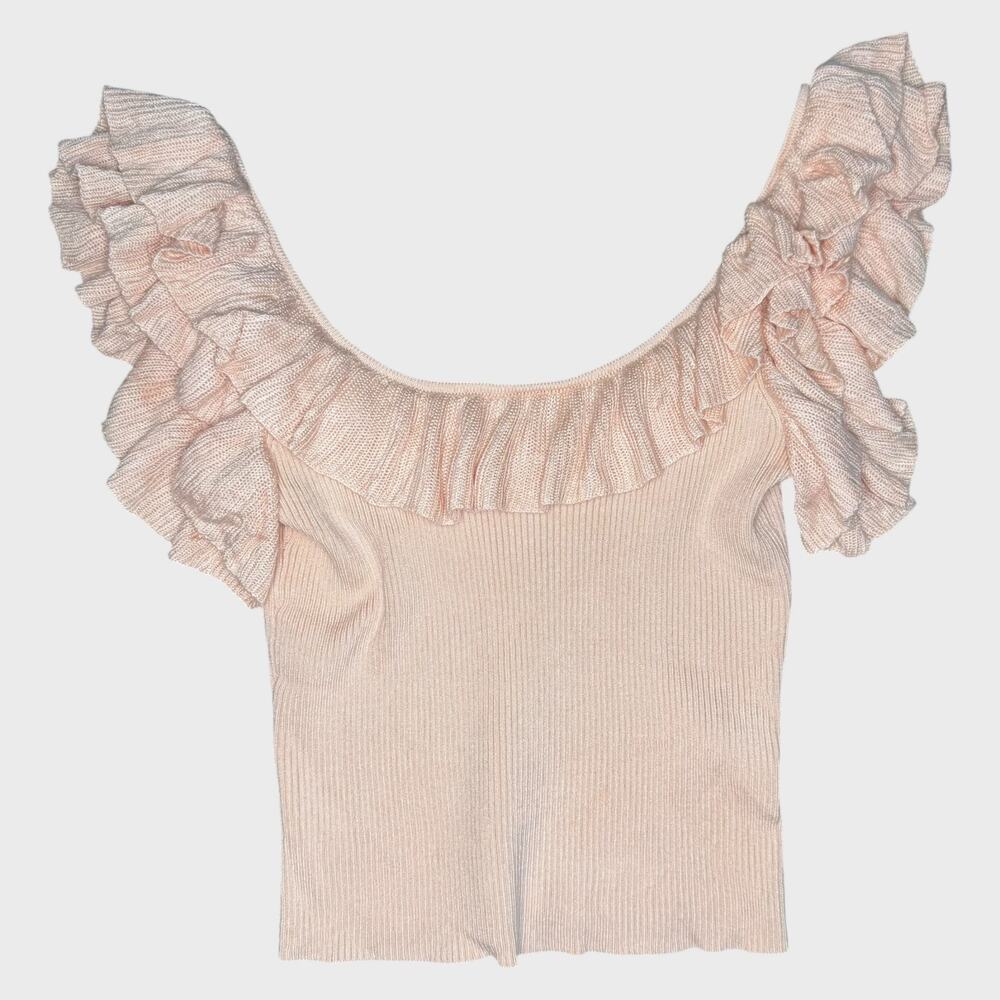 Lulus Medium Blush Pink Ruffled Ribbed Tank Top Scoop Neck Romantic Cottagecore